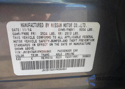 2015 Infiniti Q50 Premium from USA, damaged, VIN JN1BV7AR1FM394841